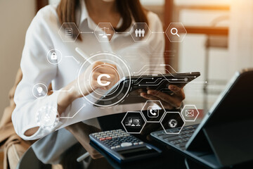 Wall Mural - Copyright or patent concept, Person hand using laptop computer, tablet and smartphone with virtual screen copyright icon trademark, Creation ownership against piracy.
