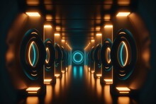 Abstract Light Tunnel, Corridor With Neon Light. Hi-tech Sci-fi Passageway. Metallic Light Reflection. AI