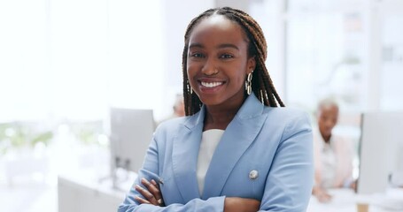 Sticker - Happy, smile and face of business woman in office for management, leadership and vision. Professional, executive and future with portrait of black woman in digital agency for mindset, career or goal