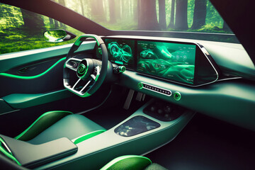 modern car interior with glowing green neon lights,fictional car made with generative ai