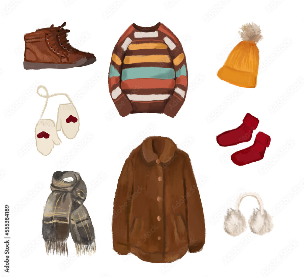 Set of winter clothes, winter clipart. Png illustration, isolated on white,  winter mood, holidays. Stock Illustration | Adobe Stock, image size:1000x910