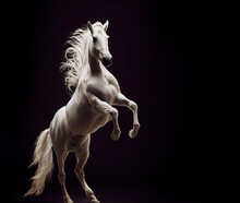 Standing And Rearing Silver White Horse In Studio Interior Dramatic Lighting Isolated On Black With Copy Space Area