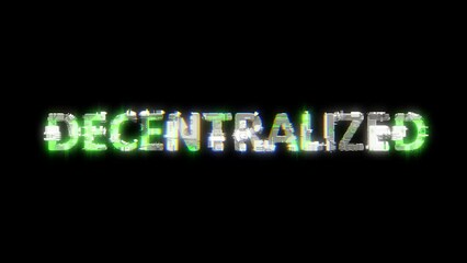 Poster - cybernetical text DECENTRALIZED with chromatic aberrance and glitch effects, isolated