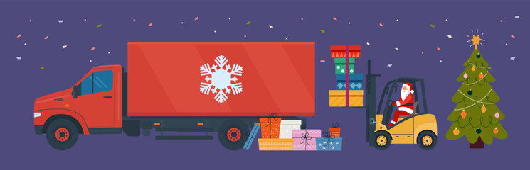 Santa Claus loading Christmas presents into the box truck using a forklift. Vector illustration.