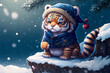 Portrait of a tiger wearing the knitted scarf and hat. Tiger outdoors in the snow in winter during snowfall. Digital art. Generative AI.