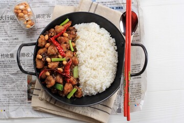 Wall Mural - Bandung, Indonesian, 06292018 : Homemade Kung Pao Chicken with Sichuan Pepper, Topped with Nuts