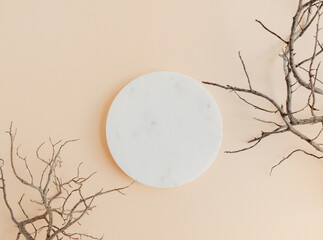 Wall Mural - White marble round podium and abstract brunches of tree on beige background