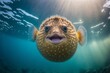 Happy puffer fish underwater, Generative AI