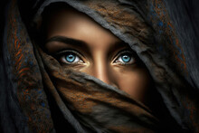 Expressive Eyes Of An Oriental Woman In A Headscarf. Islamic Girl With Beautiful Eyes Close-up. 3d Illustration