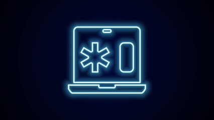 Sticker - Glowing neon line Medical clinical record on laptop icon isolated on black background. Health insurance form. Medical check marks report. 4K Video motion graphic animation