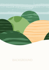 Wall Mural - Green farm agriculture field template. Agro design vector layout. Abstract eco poster. Vertical ecology background. Eco countryside, hill shape, decoration organic farmland, nature art template