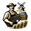 Farmer holding bunch of wheat. Bread flour logo. Agriculture, farm organic food emblem. Design element for bakery shop