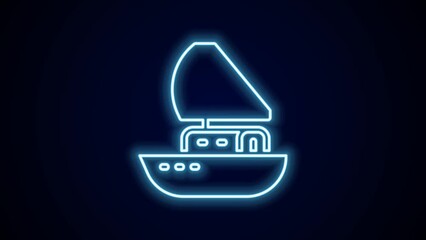 Poster - Glowing neon line Yacht sailboat or sailing ship icon isolated on black background. Sail boat marine cruise travel. 4K Video motion graphic animation