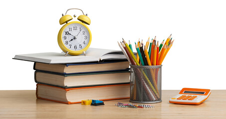 Wall Mural - Stacked books with colorful pencils on the desk