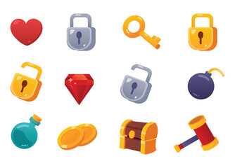 Wall Mural - game ui icons. mobile application or game interface elements. cartoon colorful design. stickers or l