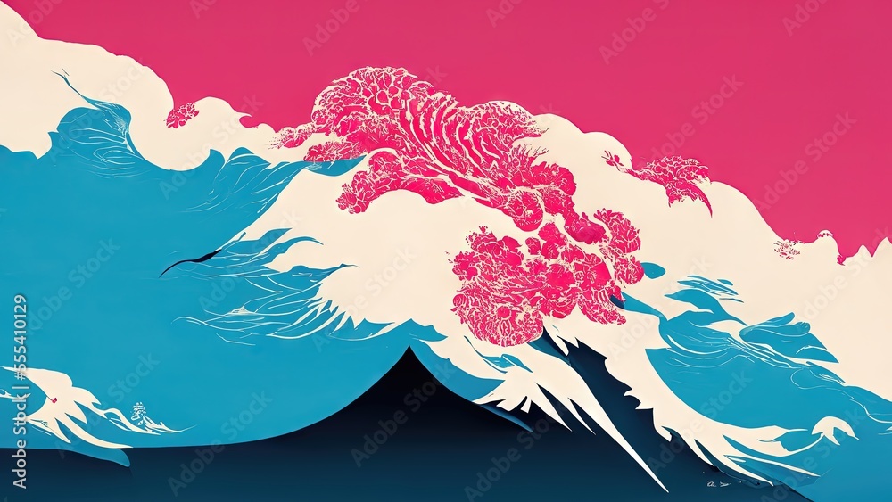 Pink sky and blue gradient mountains, Japanese paper texture Katsushika ...