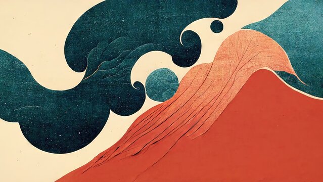 Wall Mural -  - Avant-garde orange and emerald green combination, abstract and striking, retro and elegant, in the style of Katsushika Hokusai's Ukiyoe, Japanese traditional and graphic design produced by Ai