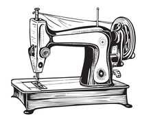 Old Vintage Sewing Machine Hand Drawn Sketch Vector Illustration.