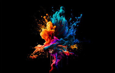 Abstract multicolor fume explosion on black background. Paint clouds on black background illustration. Colorful smoke texture. Generative AI colorfull fume in water illustration.