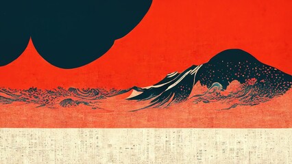 Wall Mural - Sunset landscape mountains, modern, retro, traditional and classic Japanese Ukiyo-e style design elements in the style of Katsushika Hokusai with Japanese paper textures generated by Ai