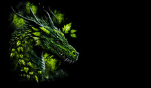 Green Dragon Head On A Black Background. Generative AI Illistration Of Ancient Greent Forest Poison Dragon On Black Background. Dragons Background. Place For Text.