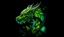 Green Dragon Head On A Black Background. Generative AI Illistration Of Ancient Greent Forest Poison Dragon On Black Background. Dragons Background. Place For Text.