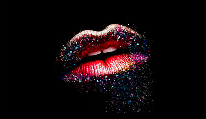 Colorful female lips with paint leaks and drops on white background. Red perfect female lips. Generative AI rainbow female lips illustration. Free love or lips cosmetics design concept.