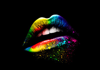 Colorful female lips with paint particles and drops on black background. Rainbow paint female lips. Generative AI rainbow female lips illustration. Free love or lips cosmetics design concept.