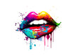Colorful female lips with paint leaks and drops on white background. Rainbow paint female lips. Generative AI rainbow female lips illustration. Free love or lips cosmetics design concept.