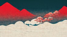 Red Mountains, Blue Sky And White Clouds, Modern, Retro, Traditional And Classic Japanese Ukiyo-e Style Design Elements In The Style Of Katsushika Hokusai With Japanese Paper Texture Generated By Ai