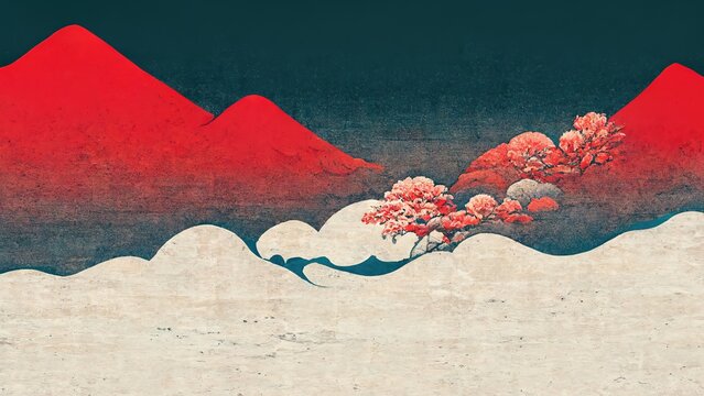 Wall Mural -  - Red mountains, blue sky and white clouds, modern, retro, traditional and classic Japanese Ukiyo-e style design elements in the style of Katsushika Hokusai with Japanese paper texture generated by Ai