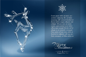Wall Mural - Vector realistic transparent Christmas crystal deer on abstract background. Glass sparkling translucent crystals
