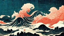 Modern, Retro, Traditional And Classic Japanese Ukiyo-e Style Design Elements In The Style Of Katsushika Hokusai With Orange, Blue And White Waves And Japanese Paper Textures Generated By Ai
