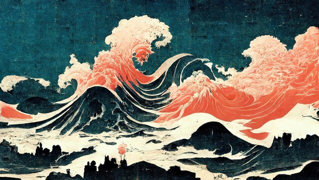 Wall Mural -  - Modern, retro, traditional and classic Japanese Ukiyo-e style design elements in the style of Katsushika Hokusai with orange, blue and white waves and Japanese paper textures generated by Ai