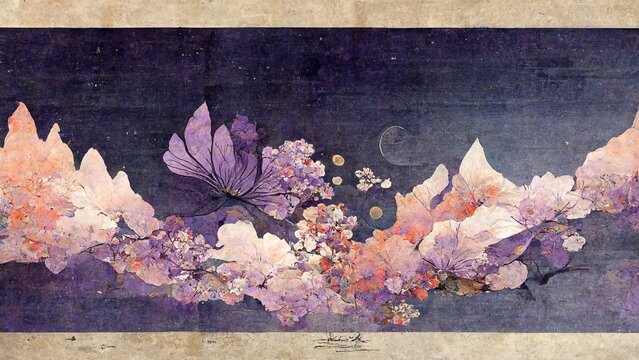 Wall Mural -  - Purple-based floral pattern, abstract and striking, retro and elegant, in the style of Katsushika Hokusai's Ukiyoe, Japanese traditional and graphic design produced by Ai