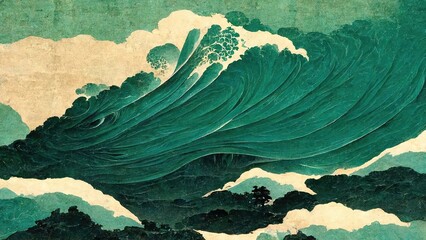 Wall Mural - Modern, retro, traditional and classic Japanese Ukiyo-e style design elements in the style of Katsushika Hokusai with emerald green waves, Japanese paper texture generated by Ai