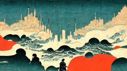 Wall Mural - City towering over the waves, generated by modern, retro, traditional and classic Japanese Ukiyo-e style design elements Ai in the style of Katsushika Hokusai with the texture of Japanese paper