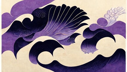 Wall Mural - Beautiful organic curves in purple and black, abstract and striking, retro and elegant, produced by Katsushika Hokusai's Ukiyo-e style Japanese traditional and graphic design Ai