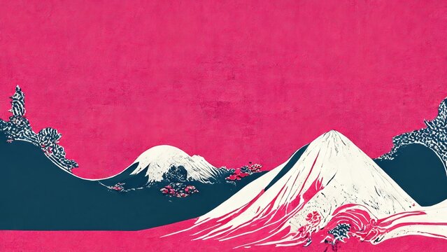 Wall Mural -  - Modern, retro, traditional and classic Japanese Ukiyo-e style design elements in the style of Katsushika Hokusai with cyberpunk style mountains and waves and Japanese paper texture generated by Ai