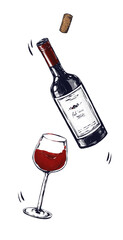 wine bottle and glass illustration on transparent background 