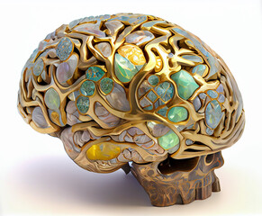 Sticker - Human brain made from gold, ceramic and precious stones, generative ai illustration