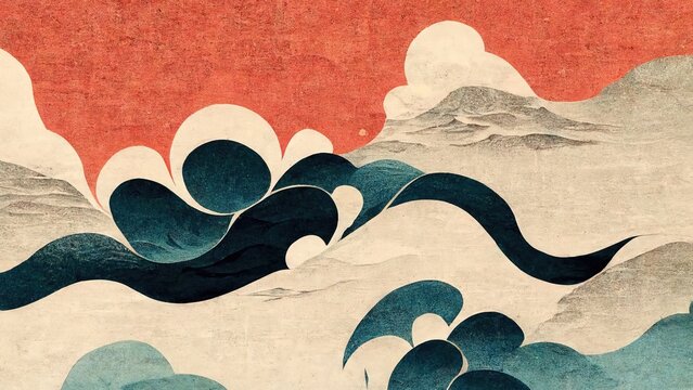 Wall Mural -  - Organic curves like waves in orange and emerald green, abstract and striking, retro and elegant in the ukiyo-e style of Katsushika Hokusai produced by Japanese traditional and graphic design Ai