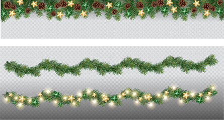 Wall Mural - Vector border with green fir branches and with festive decoration elements on transparent background. Christmas tree garland with fir branches and lights