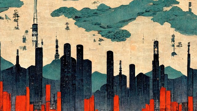Wall Mural -  - Blue city and red residential area, Katsushika Hokusai style modern retro traditional classic Japanese ukiyoe style design elements with Japanese paper texture generated by Ai