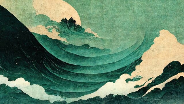Wall Mural -  - Emerald green dynamic wave, Japanese paper texture Katsushika Hokusai style modern retro traditional classic Japanese ukiyoe style design element generated by Ai
