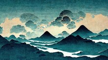 Sky Blue Mountains, Modern, Retro, Traditional And Classic Japanese Ukiyo-e Style Design Elements In The Style Of Katsushika Hokusai With Japanese Paper Texture Generated By Ai