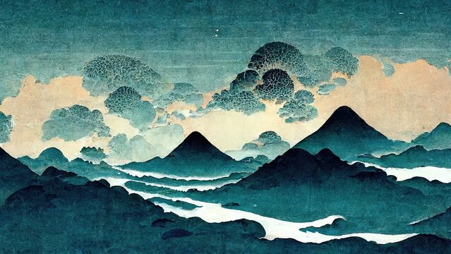 Wall Mural -  - Sky blue mountains, modern, retro, traditional and classic Japanese Ukiyo-e style design elements in the style of Katsushika Hokusai with Japanese paper texture generated by Ai