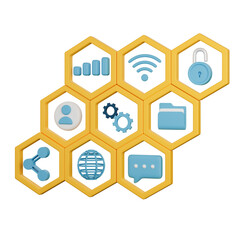 Poster - Yellow 3d hexagonal technology icon. Blue icons in hexagon in modern technology futuristic. Yellow honeycomb texture grid. 3D icon isolate background. 3D rendering illustration