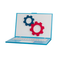 Poster - Laptop computer with gear icon on screen monitor. Creative concept idea. web repair, maintenance and website setting. 3D icon isolate background. 3D rendering illustration
