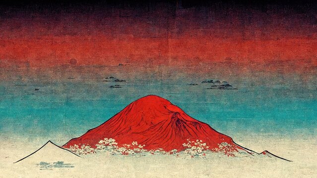 Wall Mural -  - Modern, retro, traditional and classic Japanese Ukiyo-e style design elements in the style of Katsushika Hokusai with red mountains, blue and red gradients and Japanese paper texture generated by Ai